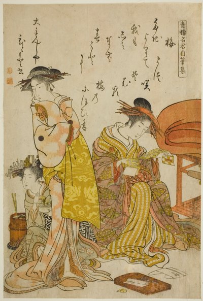 The Courtesan Hitomoto of the Daimonjiya, fra albummet "Comparing New Beauties of the Yoshiwara - A Mirror of Their Own Writings (Keisei shin bijin awase jikihitsu kagami)" af Kitao Masanobu