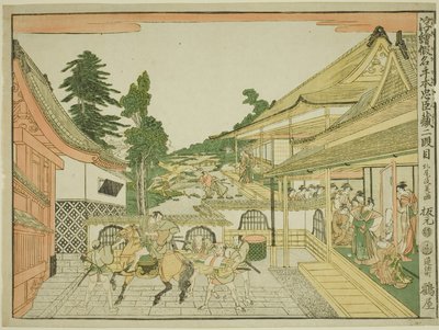 Akt II (Nidanme), fra serien "Perspektive billeder af forrådshuset af loyale fastholdere (Uki-e kanadehon Chushingura)" af Kitao Masayoshi