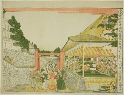 Akt IV (Yondanme), fra serien "Perspektive billeder af forrådshuset af loyale fastholdere (Uki-e kanadehon Chushingura)" af Kitao Masayoshi