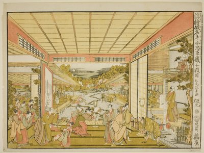 Akt VII (Shichidanme), fra serien "Perspektive billeder af forrådshuset af loyale fastholdere (Uki-e kanadehon Chushingura)" af Kitao Masayoshi