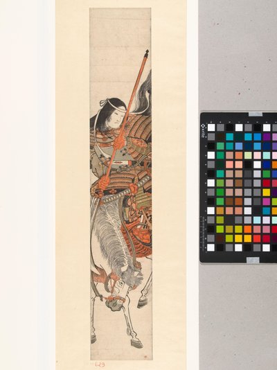 Kvindelig kriger Tomoe Gozen i rustning med sværd på hest af Kitao Shigemasa (attributed to)