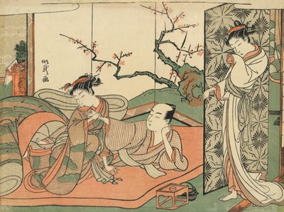 Kurtisane ser på en ung lærling i seng med en klient af Kitao Shigemasa