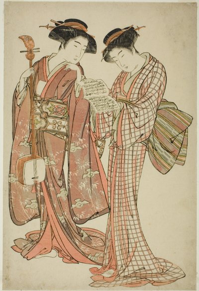 To Geisha Holder en Shamisen og en Sangbog af Kitao Shigemasa