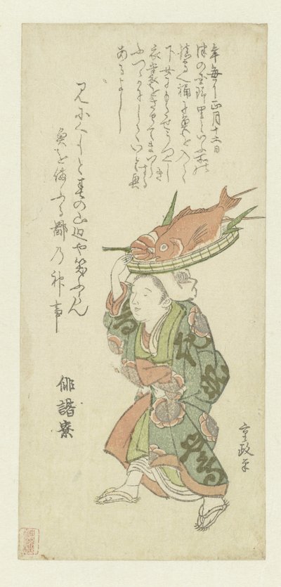 Kvinde, der bærer en bakke med fisk på hovedet af Kitao Shigemasa