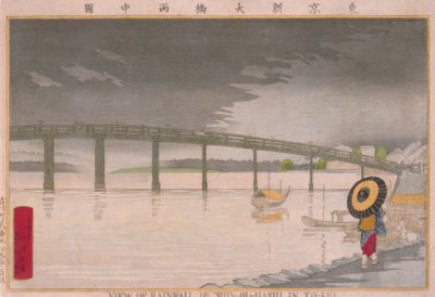 Udsigt over nedbøren på Shin Ohashi-broen i Tokyo (tidligere også To-kei) af Kiyochika Kobayashi