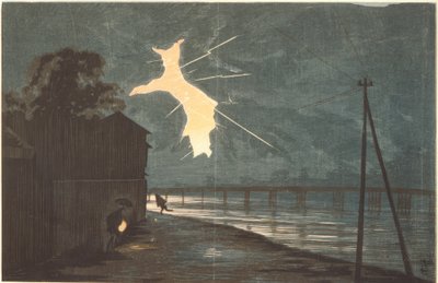 Torden og lyn over Onmaya-broen af Kiyochika Kobayashi