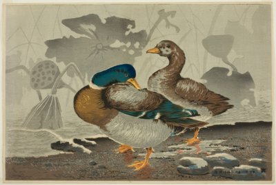 Et par ænder ved en lotusdam af Kiyochika Kobayashi