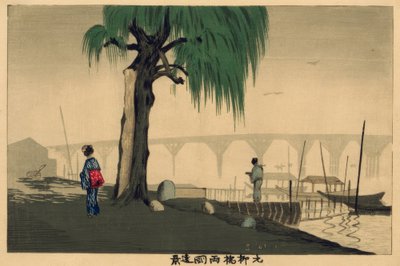 Fjern udsigt over Ryogoku fra Motoyanagi-broen af Kiyochika Kobayashi
