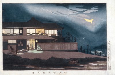 Udsigt over Houses of Entertainment i Imado at Dawn af Kiyochika Kobayashi