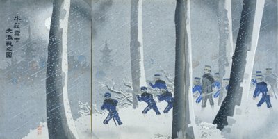 Voldsomt slag i sneen nær Niuzhuang, Meiji-perioden af Kiyochika Kobayashi