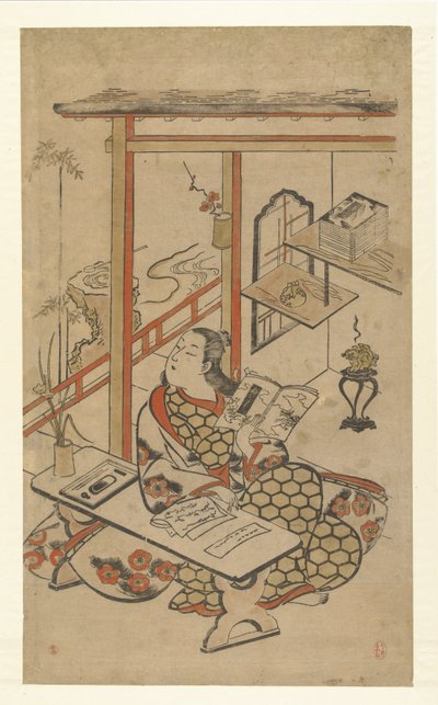 Kvinde ved bordet, læser Genjis fortælling. af Kiyomasu (I) , Torii (attributed to)