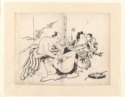 Erotisk performance med rygeredskaber og foldeskærm af Kiyonobu (I) , Torii