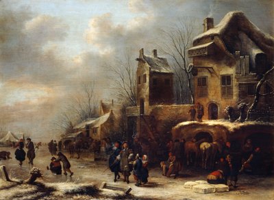 Skøjtebane ved en flod, 1665 af Klaes Molenaer