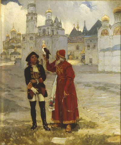 Unge Peter I. og hans falk, 1900-tallet af Klavdi Vasilyevich Lebedev