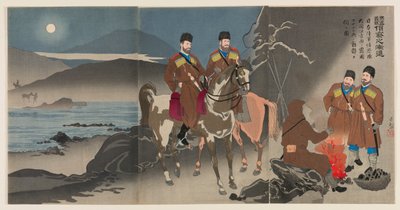 Gradvis fremmarch for spejdere i den retfærdige krig for at tugte Rusland: Et spejderparti fra den japanske hær, der observerer russiske kosaksoldaters bevægelser over Daedong-floden af Kobayashi Kiyochika