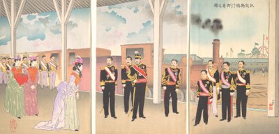 Illustration af kejserens ankomst til Shinbashi Station efter en sejrsstemning..., 1895. af Kobayashi Kiyochika