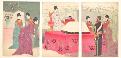 Illustration af kejserindens besøg i generalstabens hovedkvarter [for at overrække en bakke med bandager] (Sanbō honbu gyōkei no zu) af Kobayashi Kiyochika