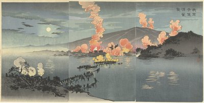 Natangreb fra vores væbnede styrker på den kinesiske lejr ved Pyongyang. Wagagun Heijo no seiei o osou (titel på objekt) af Kobayashi Kiyochika