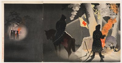 Vores tropper opretter en bivuak ved Yingkou, mens de trodser den bitre kulde af Kobayashi Kiyochika