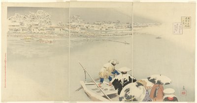 Anden måned: Matsuchi Hill in Snow at Dusk (Kisaragi, Matsuchiyama yuki no tasogare), fra serien "True Views of Famous Places in Tokyo (Tokyo meisho shinkei no uchi)" af Kobayashi Kiyochika