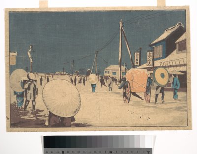 Straßenszene am Stadtrand von Edo an einem Winterabend af Kobayashi Kiyochika