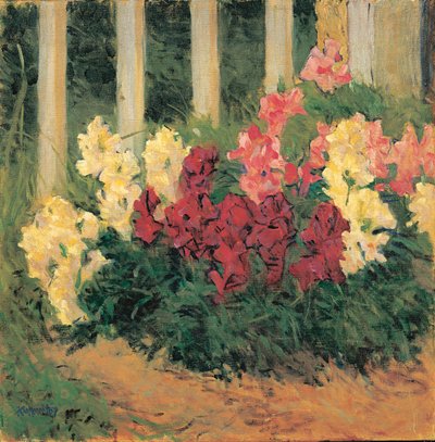 Blumenstrauch vor Gartenzaun - Blomster foran et havehegn ... (olie på lærred) af Koloman Moser