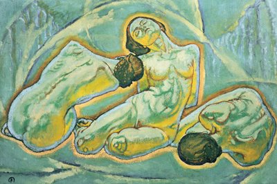 Drei kauernde Frauen - Tre hugsiddende kvinder ... (maleri på lærred) af Koloman Moser