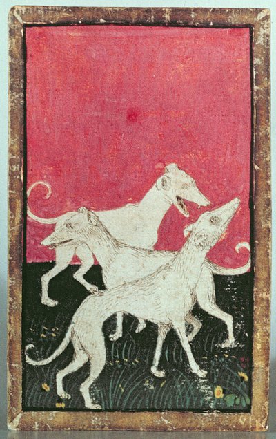 Tre jagthunde, den ene af et sæt spillekort, der skildrer scener med høvisk hawking, Upper Rhein Are, ca. 1440-45 (pen og blæk, wc) (se også 87698, 88300 og 88302-04) af Konrad Witz