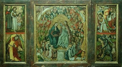 Jomfruens kroning; Kristi dåb; Johannes Døberens død; St. George Slaying the Dragon (triptykon) af Konrad von Friesach