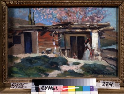 Krim, mandeltræer i blomst. (Krim, blomstrende mandeltræer). Ung kvinde foran et lille træhus, under lyserøde mandeltræer. Maleri af Konstantin Alexeyevich Korovin (Constantin Korovin) (1861-1939), olie på lærred af Konstantin Alekseevich Korovin