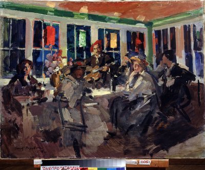 På en cafe (på en café). Kvinder siddende nær en karnap, oplyst med farvede lanterner, ledsaget af en guitarist. Maleri af Konstantin Alexeyevich Korovin (Constantin Korovin) (1861-1939), olie på lærred af Konstantin Alekseevich Korovin