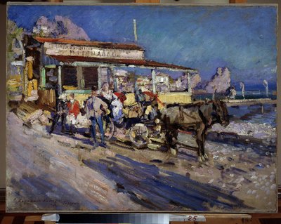 Gurzuf (Krim) (Gurzuf). Havnelandsby holder rede i hulen af ​​en bugt, overset af bjørnens bjerg. Maleri af Konstantin Alexeyevich Korovin (Constantin Korovin) (1861-1939), olie på lærred af Konstantin Alekseevich Korovin