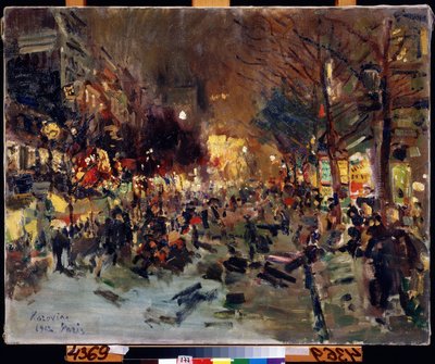 Grand Boulevard i Paris (Boulevard i Paris). Udsigt over den travle gade om aftenen. Du kan se Morris-søjler til højre. Maleri af Konstantin Alexeyevich Korovin (Constantin Korovin) (1861-1939), olie på lærred af Konstantin Alekseevich Korovin