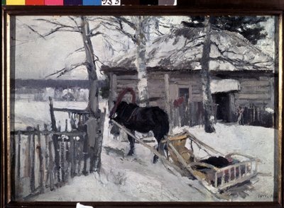 Vinter (Vinter). En hestevogn i gården til et træhus, på landet, under sneen. Maleri af Konstantin Alexeyevich Korovin (Constantin Korovin) (1861-1939), olie på lærred af Konstantin Alekseevich Korovin