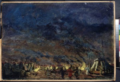 The Polovtsian Camp, Scene Design for Opera Prince Igor af Alexander Borodin - (The Polovtsian Camp - Scenic Design for the Opera Prince Igor af Alexander Borodin) - Under en stjernehimmel indrammer lejrens telte lysene, i af Konstantin Alekseevich Korovin