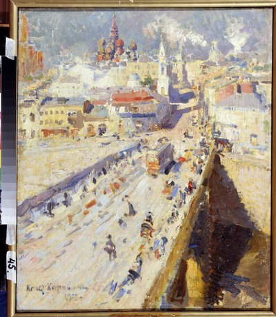 Gamle Moskva (Old Moscow). Udsigt over broen, der fører til byen, med bygningernes facader og kirkernes tage, under en blændende sol. Maleri af Konstantin Alexeyevich Korovin (Constantin Korovin) (1861-1939), olie på lærred af Konstantin Alekseevich Korovin