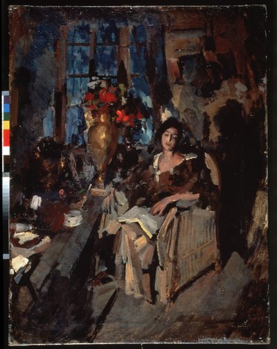 Portræt af en kvinde (kvindeportræt). En smuk melankolsk kvinde med halvt lukkede øjne, siddende i en lænestol, en åben bog placeret på knæ, omgivet af stuemøbler, et bord med en buket blomster, en kop og forskellige hverdagsting. Maling af af Konstantin Alekseevich Korovin