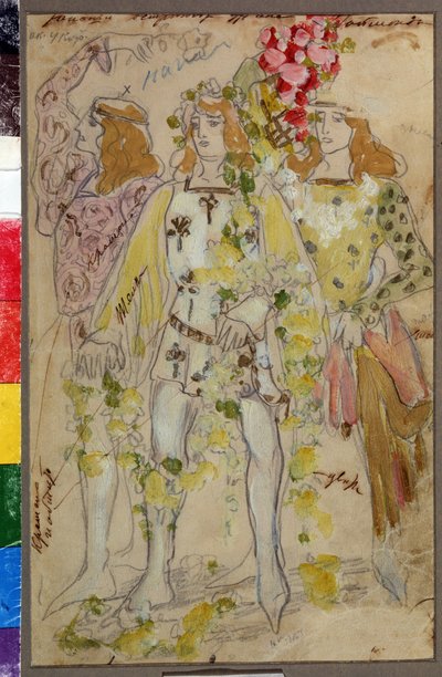 Kostumedesign til balletten Raimonda af Alexandre (Alexander) Glazunov (Glazounov eller Glazunoff eller Glazunow) (1865-1936) (Kostumedesign til balletten Raimonda af A. Glazunov). Mandlige kostumer. Kunstværk af Konstantin Alexeyevich Korovin (Constantin  af Konstantin Alekseevich Korovin