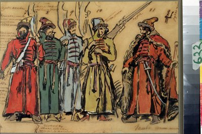 Kostumedesign til operaen Khovanshchina eller Khovansky-prinserne af Modeste Mussorgsky (1839-1881) (Kostumedesign til operaen Khovanshchina af M.Musorgsky). Værk af Konstantin Alexeyevich Korovin (Constantin Korovin) (1861-1939), akvarel, go af Konstantin Alekseevich Korovin