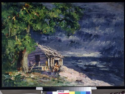 Designprojekt til balletten Le Poisson Dore af Ludwig (Leon) Minkus (Scenedesign til balletten Den gyldne fisk af Ludwig Minkus) - En træhytte ved havet - Værk af Konstantin Alexeyevich Korovin (Constantin Korovine) (1861) -1939) , tempel af Konstantin Alekseevich Korovin