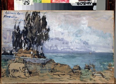 Scenografi til balletten Svanesøen af ​​Piotr Ilitch Tchaikovsky (1840-1893) (Scenedesign til balletten Svanesøen af ​​P. Tchaikovsky). Landskab, bredden af ​​en sø med en klump af træer. Kunstværk af Konstantin Alexeyevich Korovin (Constantin Koro af Konstantin Alekseevich Korovin