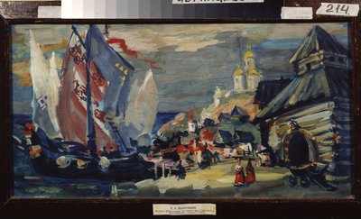 Designprojekt til operaen Sadko af Nicolas (Nikolai) Rimsky Korsakov (Rimsky-Korsakov) (1844-1908) (Scenedesign til operaen Sadko af N. Rimsky-Korsakov (Rimsky Korsakov). Et højt skib på kajen i en by med træbygninger. af Konstantin Alekseevich Korovin