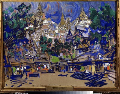 Kulisseprojekt for operaen Den Gyldne Hane af Nicholas (Nikolai) Rimsky Korsakov (Rimsky-Korsakov) (1844-1908) (Scenedesign til operaen Den Gyldne Hane af N. Rimsky Korsakov (Rimsky-Korsakov). Værk af Konstantin Alexeyevich Korovin af Konstantin Alekseevich Korovin