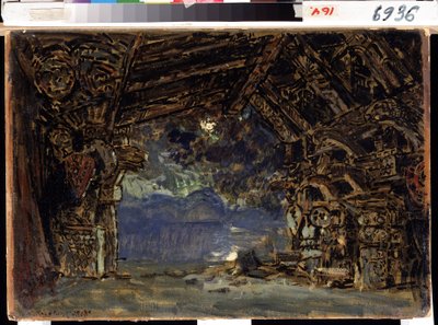 Scenografi til operaen Twilight of the Gods af Richard Wagner. (Scenedesign til operaen The Twilight of the Gods af R. Wagner). Værk af Konstantin Alexeyevich Korovin (Constantin Korovin) (1861-1939), tempera på pap af Konstantin Alekseevich Korovin