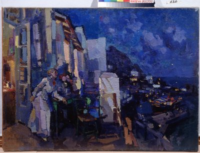 Aften på verandaen. En kvinde drager fordel af panoramaet over byen, som strækker sig ud i natten foran hendes terrasse. Maleri af Konstantin Alexeyevich Korovin (Constantin Korovin) (1861-1939), olie på lærred af Konstantin Alekseevich Korovin