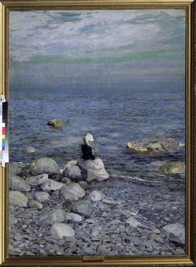 På kysten af ​​Sortehavet (Ved Sortehavskysten). En ensom, elegant kvinde, der sidder på strandens klipper, ser på horisonten over havet. Maleri af Konstantin Alexeyevich Korovin (Constantin Korovin) (1861-1939), olie på lærred, ca. 1890. af Konstantin Alekseevich Korovin