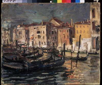 Venedig (Italien) (Venedig). Canal Grande i lagunen i Venedig, med kajer, gondoler og bygninger oplyst af solens hårde lys. Maleri af Konstantin Alexeyevich Korovin (Constantin Korovin) (1861-1939), olie på lærred af Konstantin Alekseevich Korovin