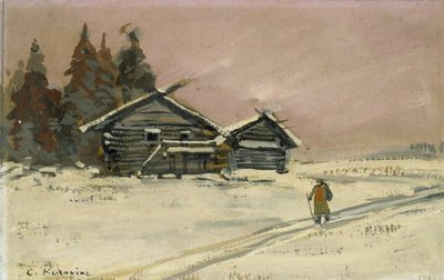 Vinterlandskab med to træhytter (kropsfarve og olie på bord, monteret som tegning) af Konstantin Alekseevich Korovin