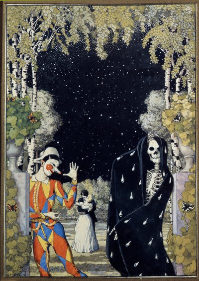 Harlekin og døden (Harlekin og døden) - Værk af Konstantin Andreyevich Somov (1869-1939), akvarel og gouache på papir af Konstantin Andreevic Somov