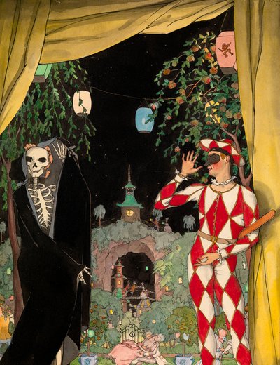 Harlekin og døden (Harlekin og døden) - Værk af Konstantin Andreyevich Somov (1869-1939), akvarel, gouache og blæk på papir (28,5x22,5 cm) af Konstantin Andreevic Somov